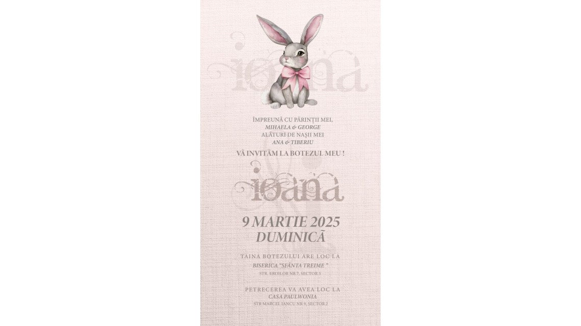 Invitație digitală botez fetiță cu iepuras Little Bunny Pink Invitație electronică roz pudrat 1